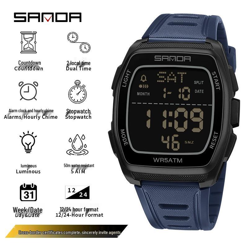 Sanda Wasserdichte Sport-Chronographenuhr für Herren - Multifunktionales Tonnenförmiges Design