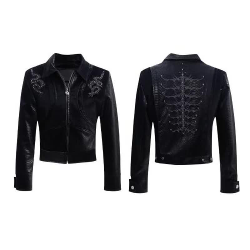 

Men s Trendy Dark Snake Print Leather Patchwork Rivet Motorcycle Jacket 2XL