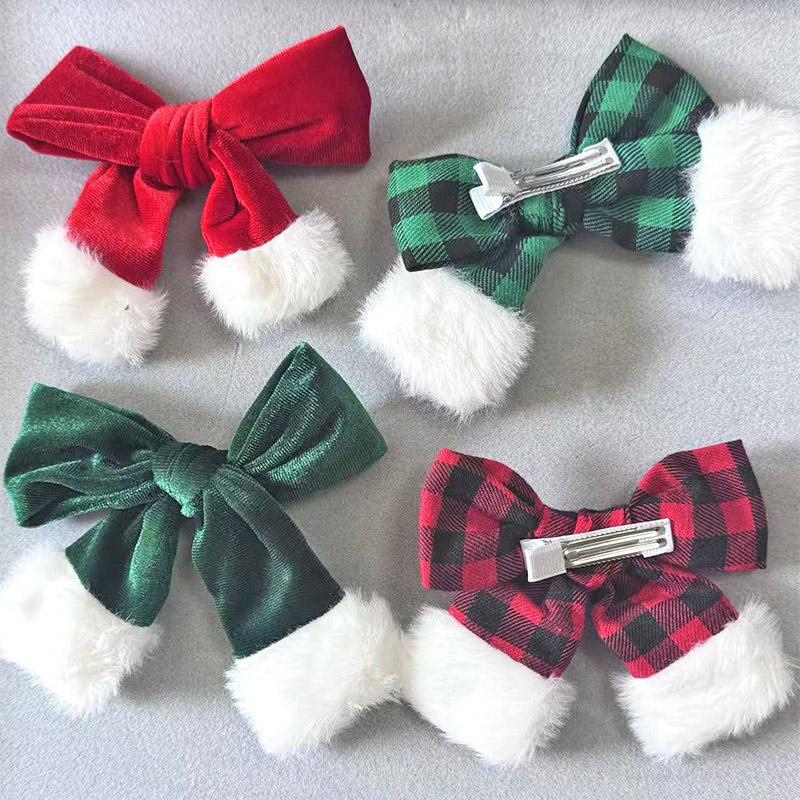 Rote Samt Weihnachts Schleife Haarspangen Weiße Fellakzente Feiertags Haarschmuck Silvester Dekorationen Party Haaraccessoires