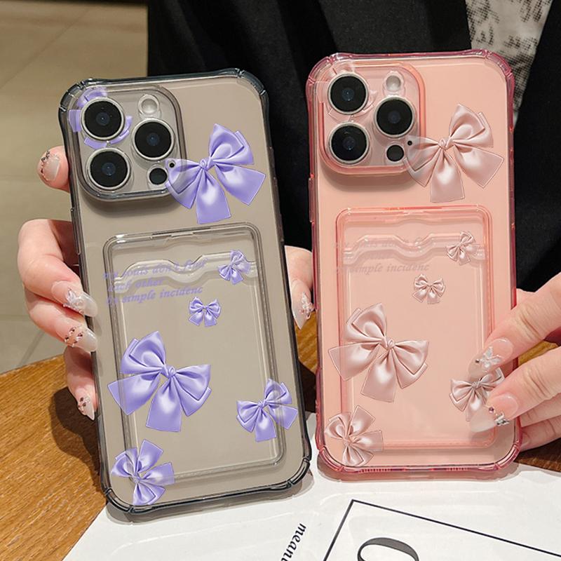 Solid Color Bowknot Print Transparent Card Slot Phone Case For iPhone 16 15 Pro 14 Pro Max 13 12 11 Clear Shockproof Slim Soft Silicone Bumper Cover