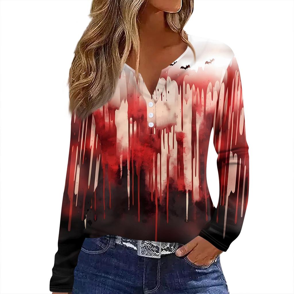 Women's T Shirt Tee HAlloween Print Button Long Sleeve Daily Weekend Fashion Basic V- Neck Regular Top