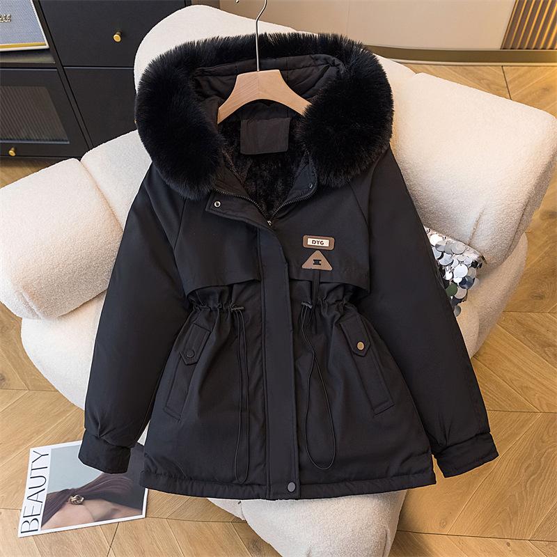 Parker Clothing Women's Winter Korean Version of The Waist Is Thin, Hooded Plus Velvet Cotton Clothing Mid-length Jacket Cotton Coat