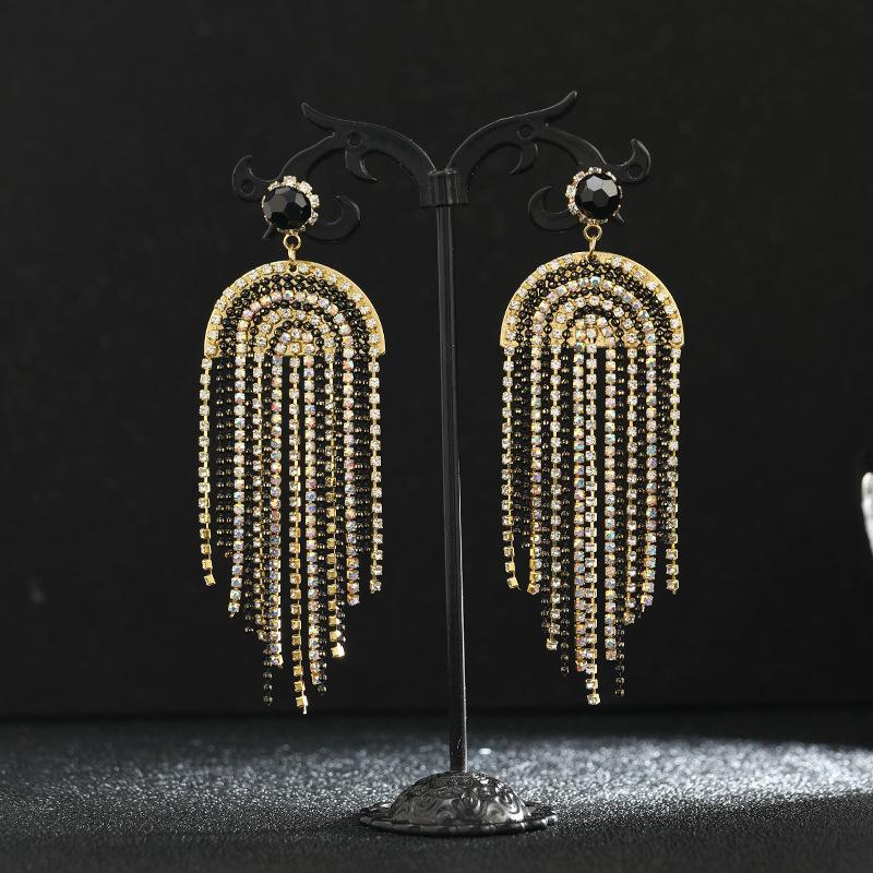 

S925 silver needle rainbow crystal fringed stud earrings femininity high-end long earrings diamond-set light luxury personalized earrings