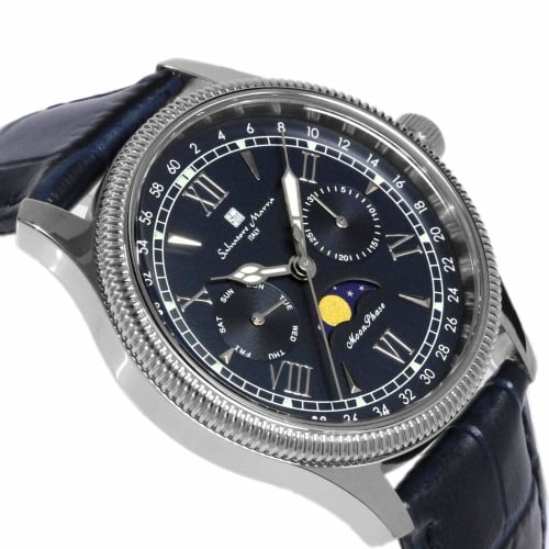 Salvatore Marra Men's Limited Edition Silver/Blue Watch, Moon Phase, Multi-Calendar, 5 ATM Water Resistance, Leather Strap, for Business and Formal We