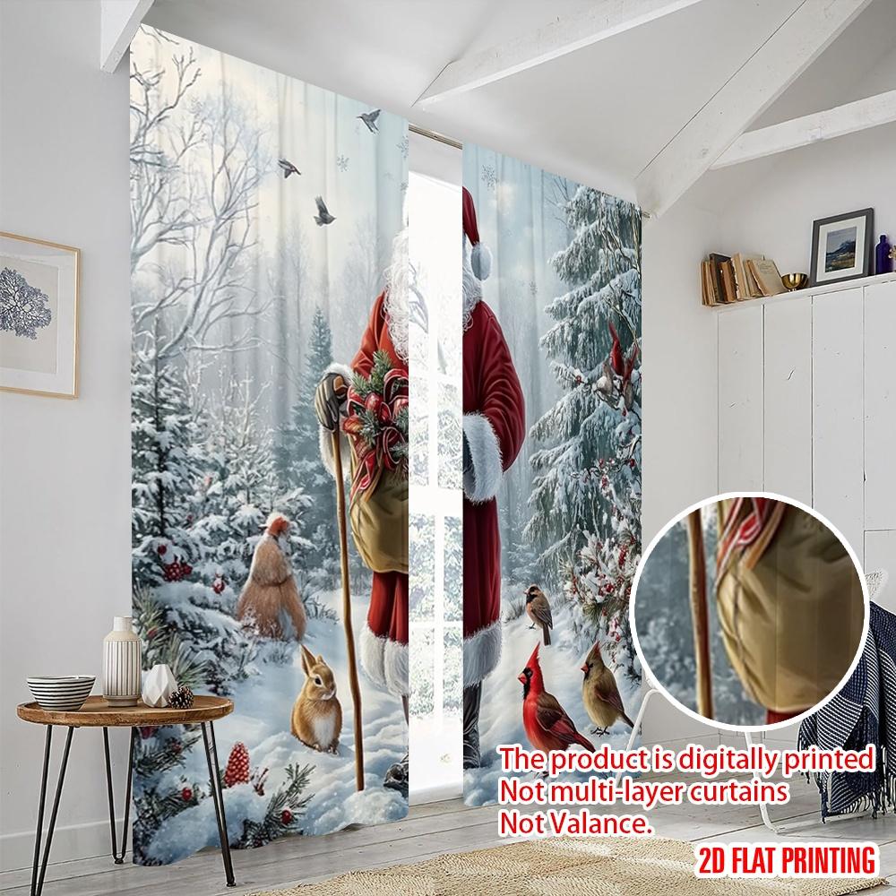 2pcs,2D Plane Printing Pattern Curtains Santa Forest Wildlife Christmas Present (2) Polyester Fabric (without Rod) Holiday Ldeal