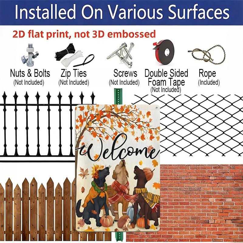 2D Flat Welcome Fall Dogs Maple Leaf Pumpkin Metal Sign - 8.0x12.0inch Aluminum Wall Art, Cute Autumn Dog Hedgehog Farmhouse Front Porch Decor