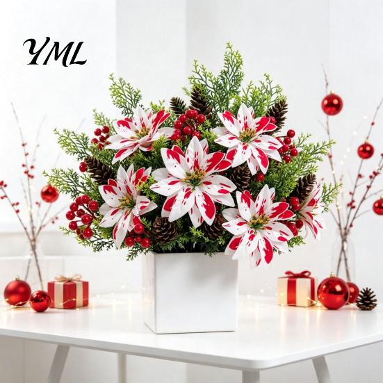 Home Interior Floral Accents 5 Heads Artificial Poinsettia Flowers, Christmas Fake Pine Berry Decoration, Flowers Fade-Resistant Red And White