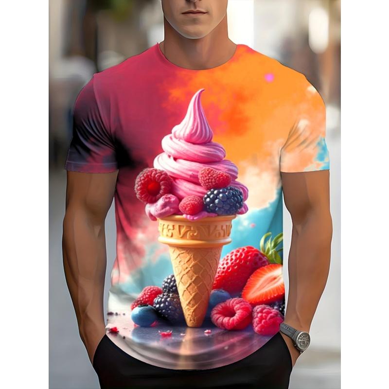 Ice Cream Fruit Biscuit Pattern T-Shirt For Men Ice Dessert 3D Printed Short Sleeve