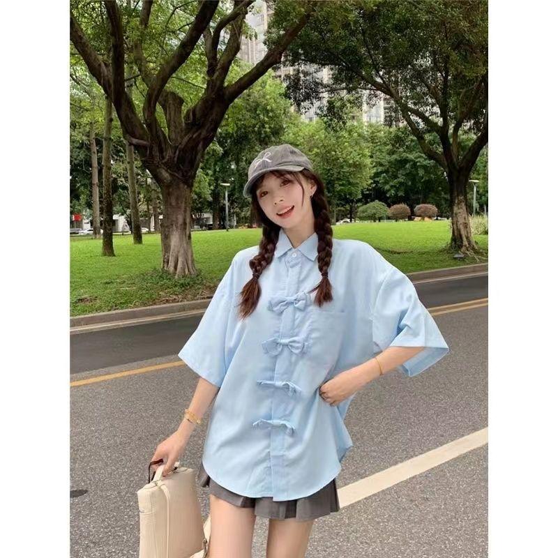 

Синяя рубашка с короткими рукавами, женская шикарная однобортная рубашка с бантом, топ в корейском стиле, простая модная женская одежда 2XL
