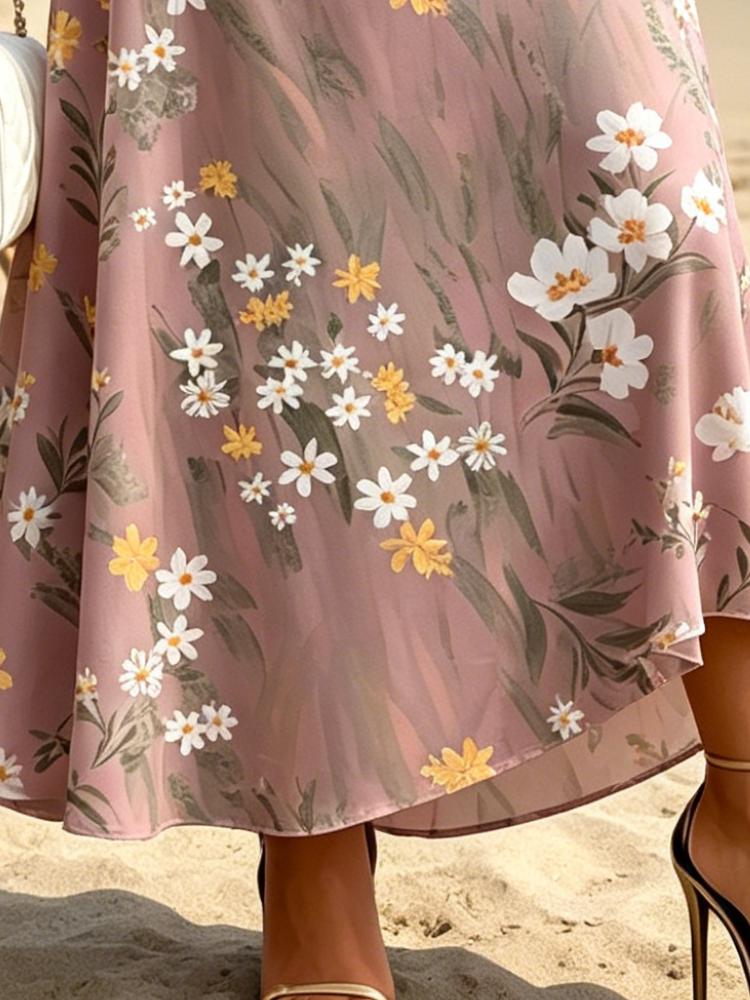 Women's Dusty Pink Floral Print Maxi Dress Deep V Neck Casual Beach Dress