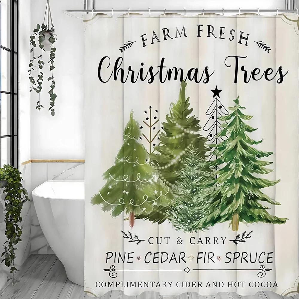 Christmas Tree Shower Curtain, Bathroom Decorative Shower Curtain, Waterproof Shower Curtain with Hooks W90xH180cm