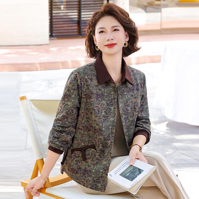 2025 Autumn/Winter New Mom's Casual Print Loose Lapel Zipper Jacket for Middle-Aged and Elderly Women
