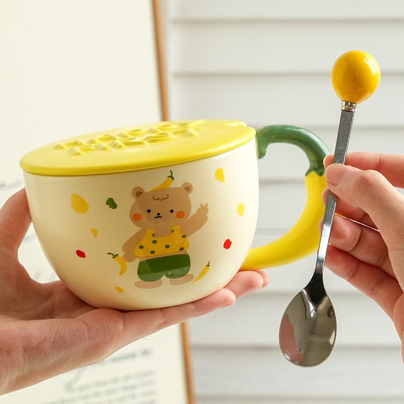 Cute And High-Value Bear Ceramic Cup With Lid And Spoon, Home Office Couple Water Cup Girl Gift