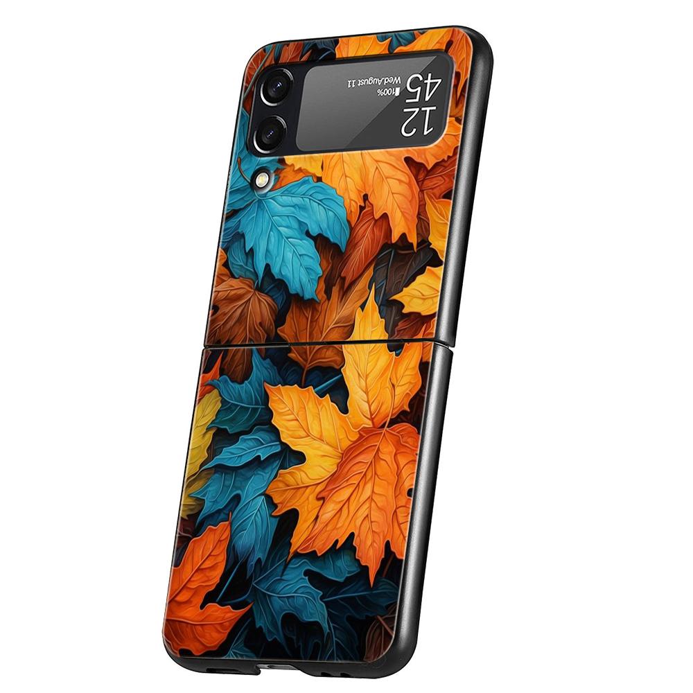 Colorful Leaves Hard PC Phone Case For Samsung Galaxy Z Flip 5 4 3 Black Cover For Galaxy Z Flip 6 Foldable Shockproof Case Capa