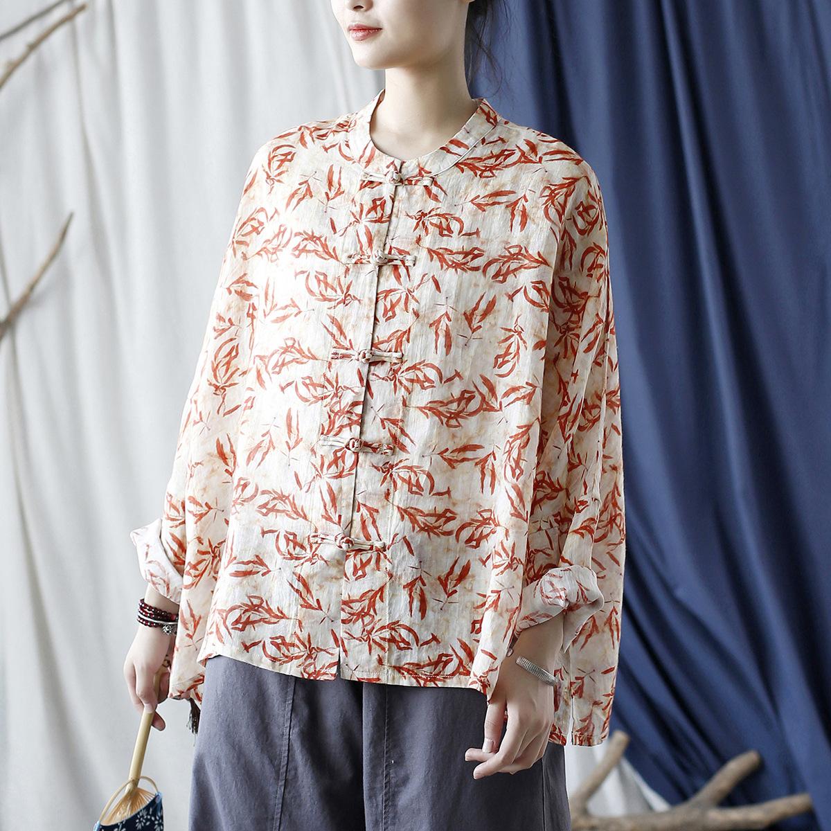 

Johnature женские рубашки с цветочным принтом в китайском стиле, топы, осенние винтажные рубашки с длинными рукавами и пуговицами на стойке рами One Size разноцветный