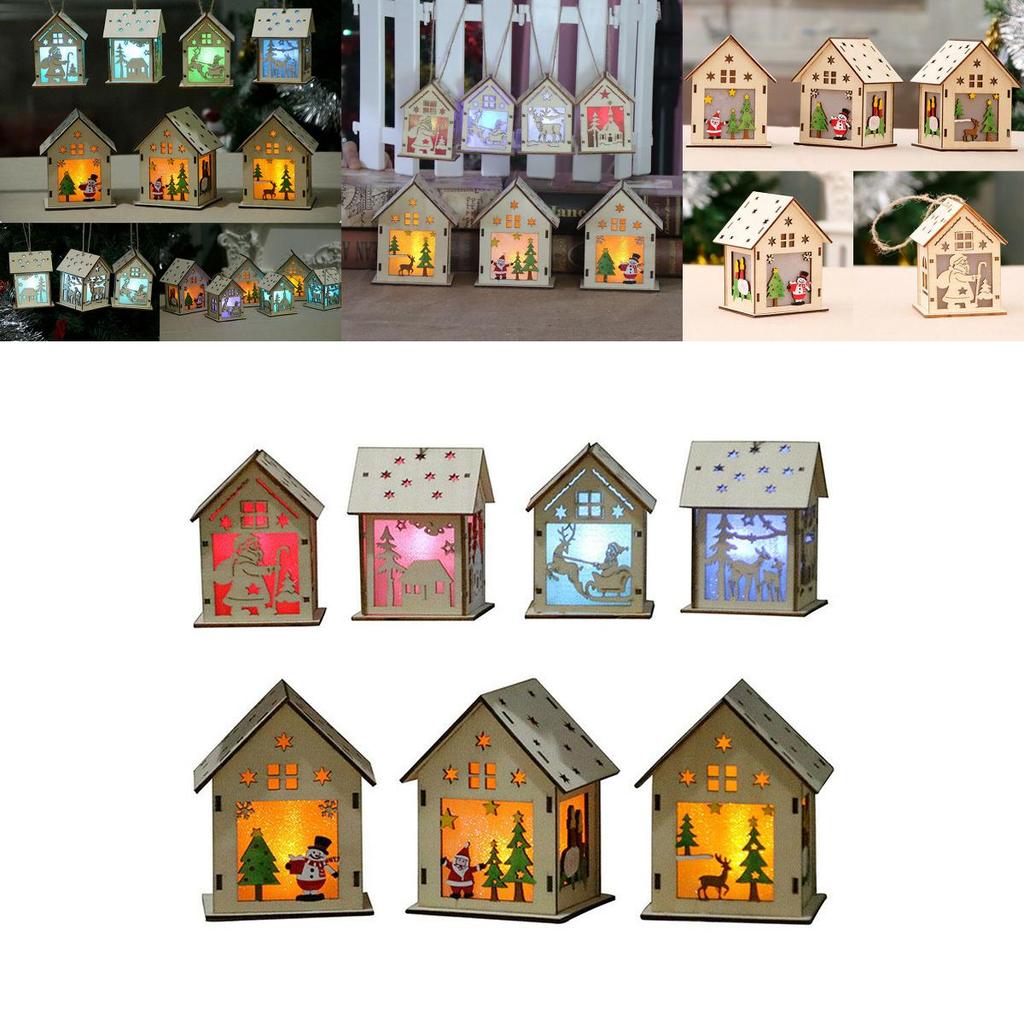 Elegant Led Light Wood House Ornament For Christmas Tree Hanging Decor