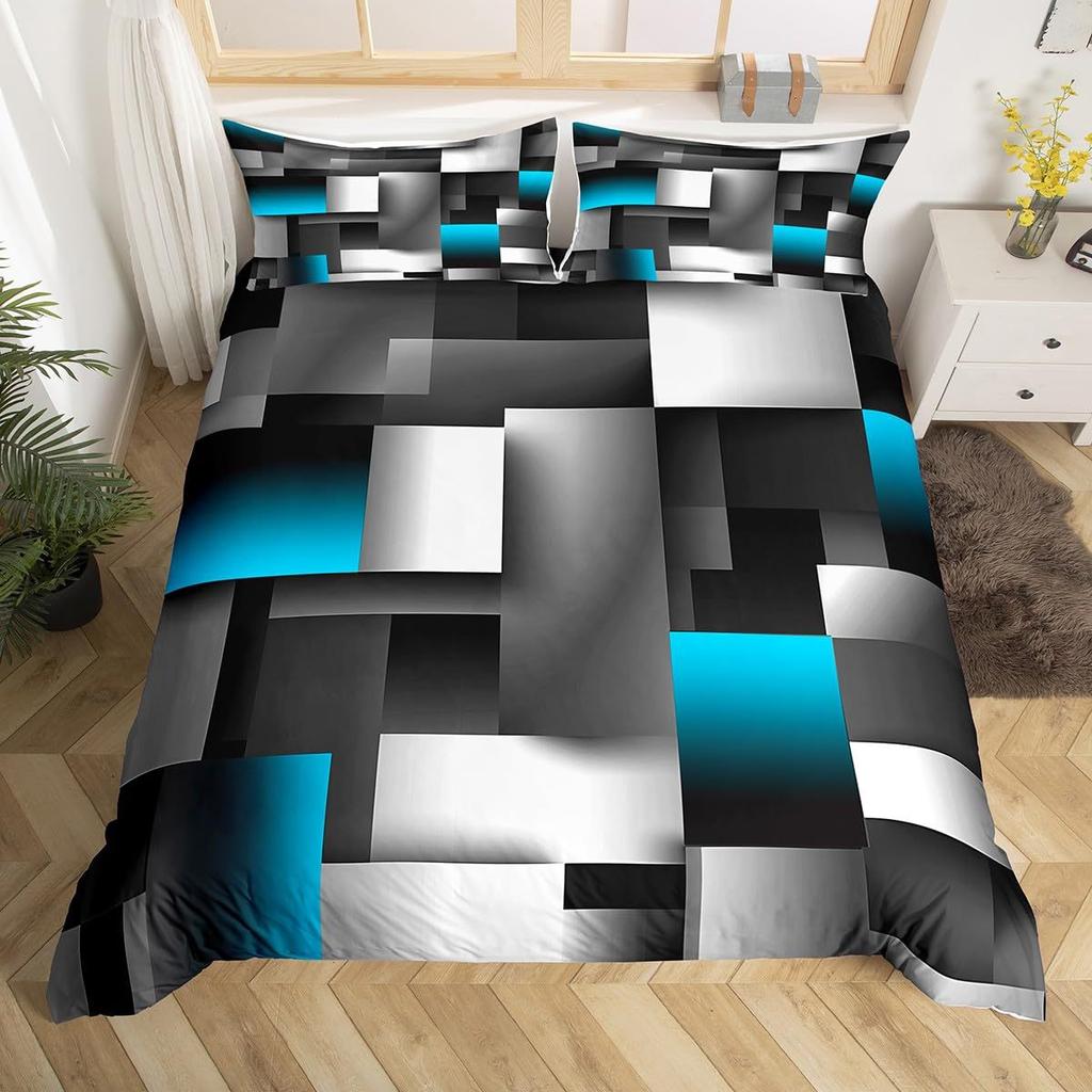 Grid Square Three-Piece Quilt Cover 3D Digital Printing Bedding Set Bed Cover