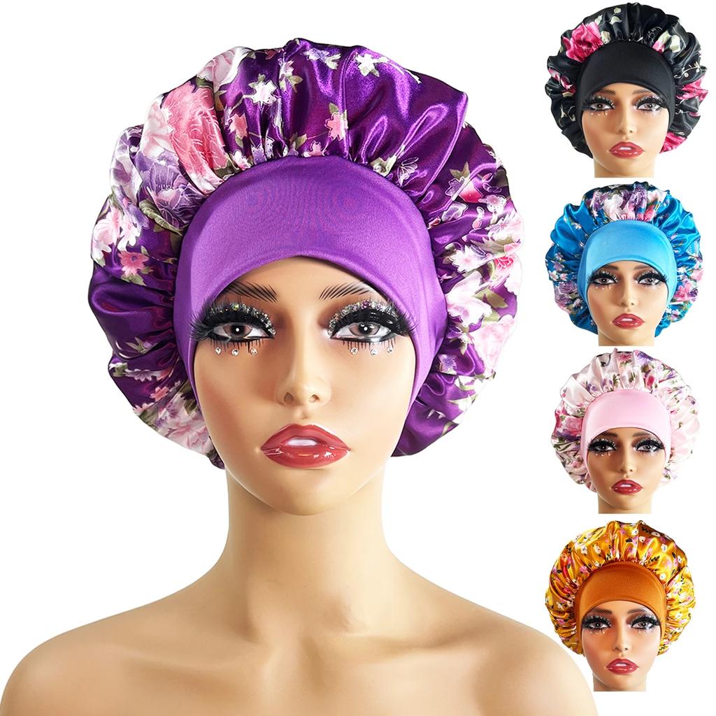 1 Stück Damen Satin Bonnet Elastisches breites Band Nachtschlafmütze Haarausfall-Abdeckung Kopfwickel Lockiges Federndes Haar Schönheit Chemo Cap Pflege