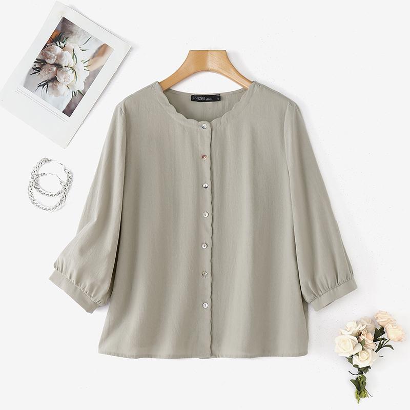 ZANZEA Women Casual Round Neck Summer 3/4 Sleeve Cotton Blouse