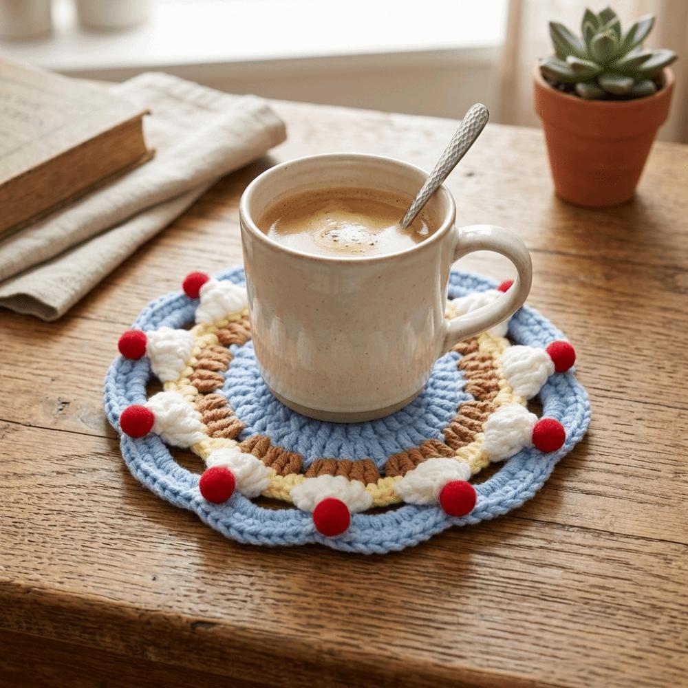 Heat Resistant Cream Cake Crochet Coaster Knitted Trivet Mats Creative Coffee Cup Mat Desktop