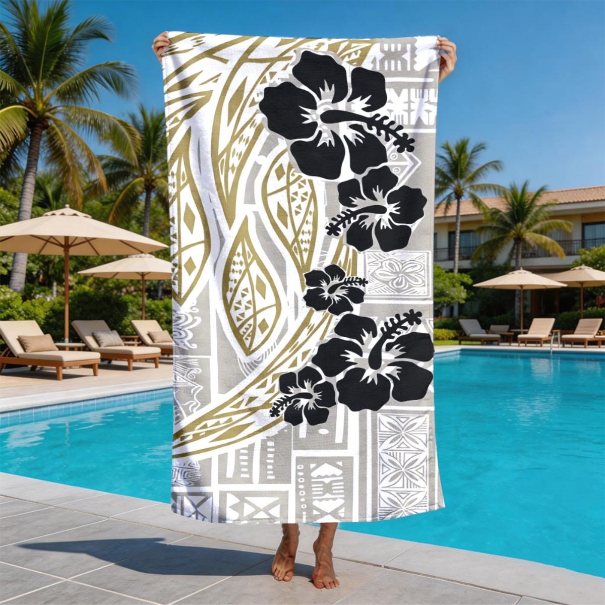 Polynesian tribal-style Hibiscus syriacus polyester microfiber beach towel is highly absorbent, suitable swimming beach outings W30*H60(CM)