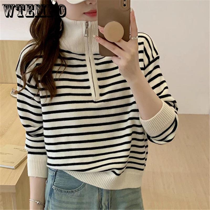 Flip Collar Half Zipper Striped Pullover Sweater for Women Autumn and Winter New Loose Knit Sweater