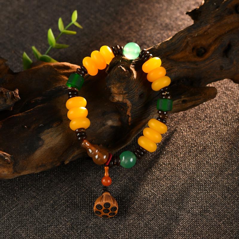 Vintage Bohemian Beeswax Bracelet, Chicken Oil Yellow Single Circle Turquoise Multi Treasure Bracelet Pendant, Temperament Accessory for Women