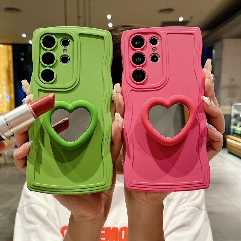 Stylish Love Heart Mirror Stand Case for Samsung S26 S2 Edge S24 S23 Ultra S22 Plus FE A0 S A6 A36 A A3 A16 Silicone Cover