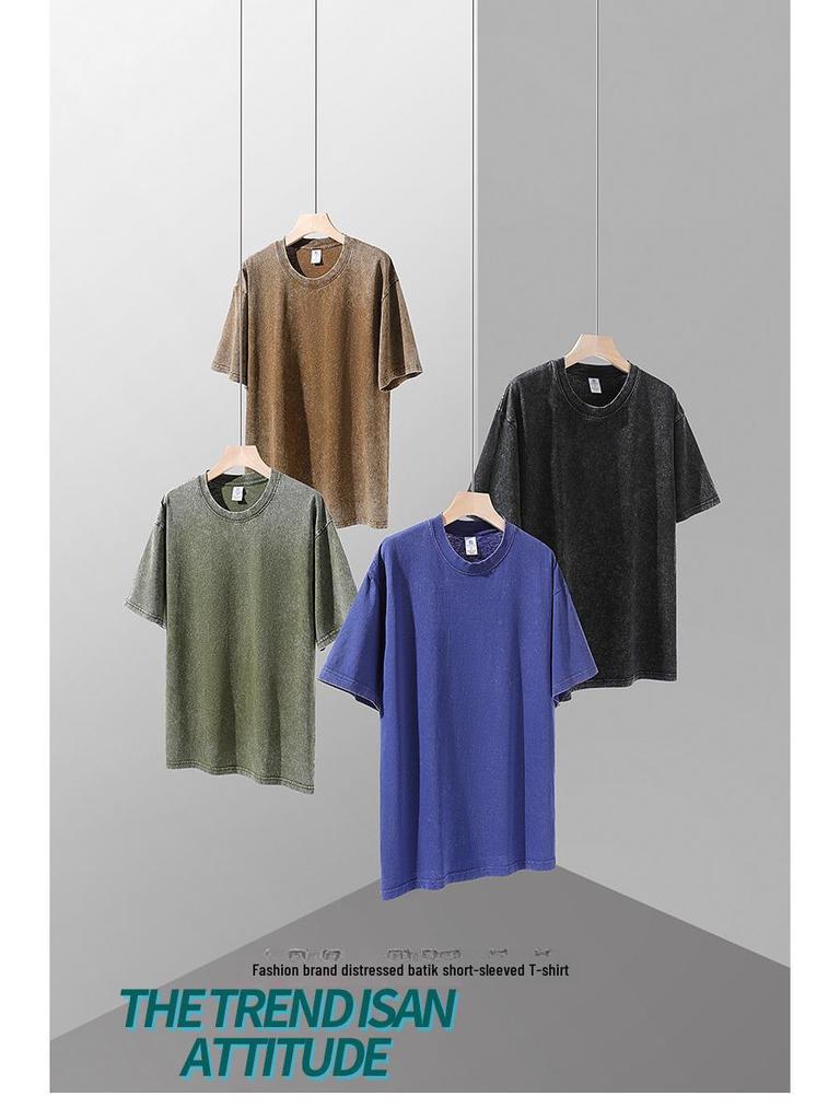 Retro Washed Distressed Short Sleeve T-shirt - 250g High Density Cotton, 8 Colors