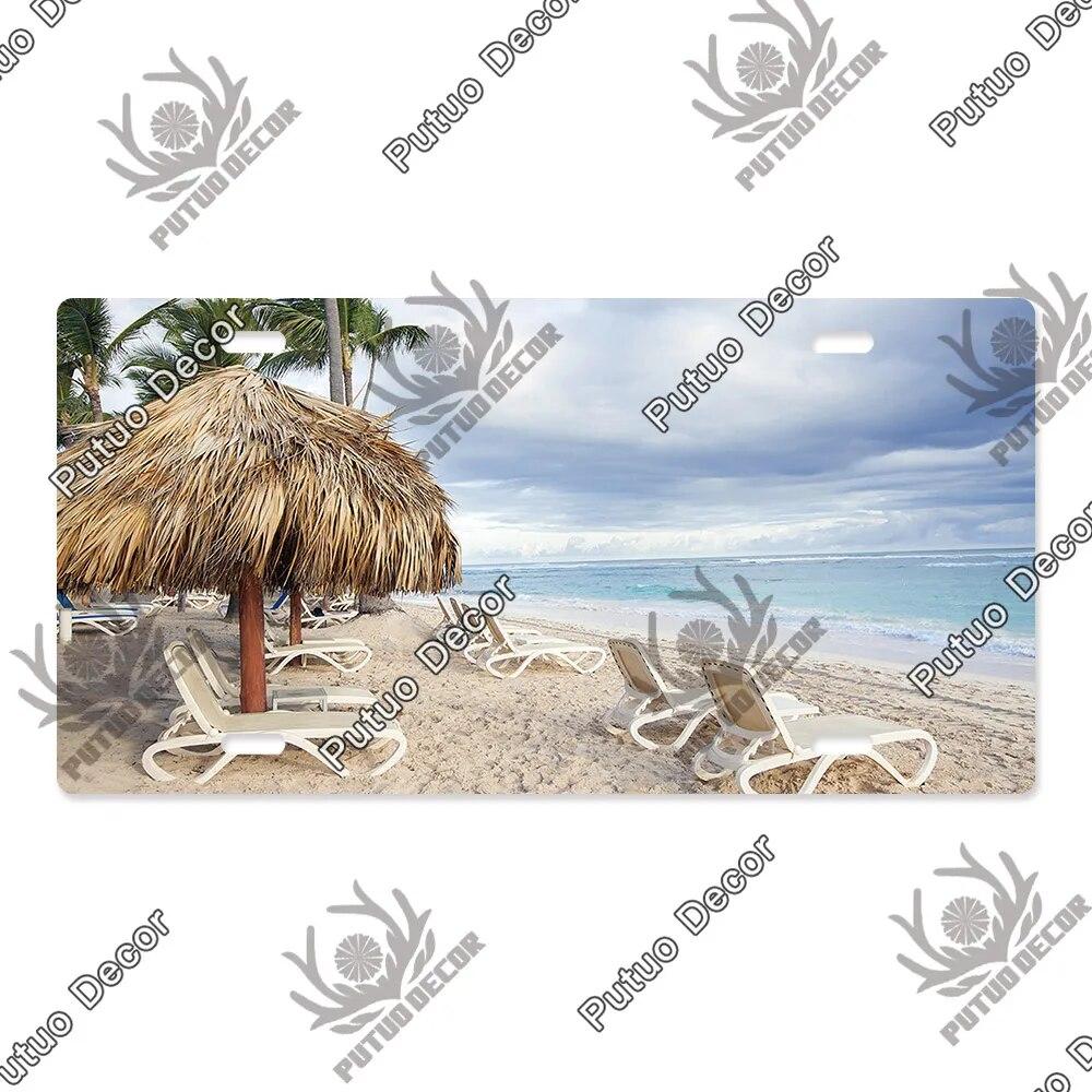 Putuo Decor Beach Licenses Plate Vintage Tin Sign Plaque Metal Car Plate for Living Room Door House Home Wall Art Decor