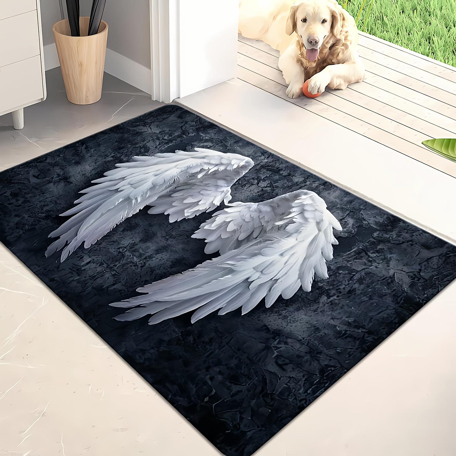 White Feather Wing Boho Door Mat, Bohemian Tribal Non-Slip Entrance Rug, Washable Decor Carpet for Living Room Garden Patio 40x60cm