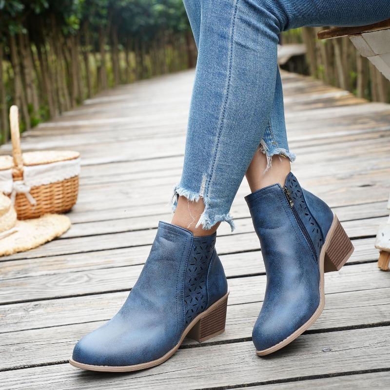 Wish women's shoes new thick heel large size hollow women's boots Martin boots middle heel side zipper short boots women