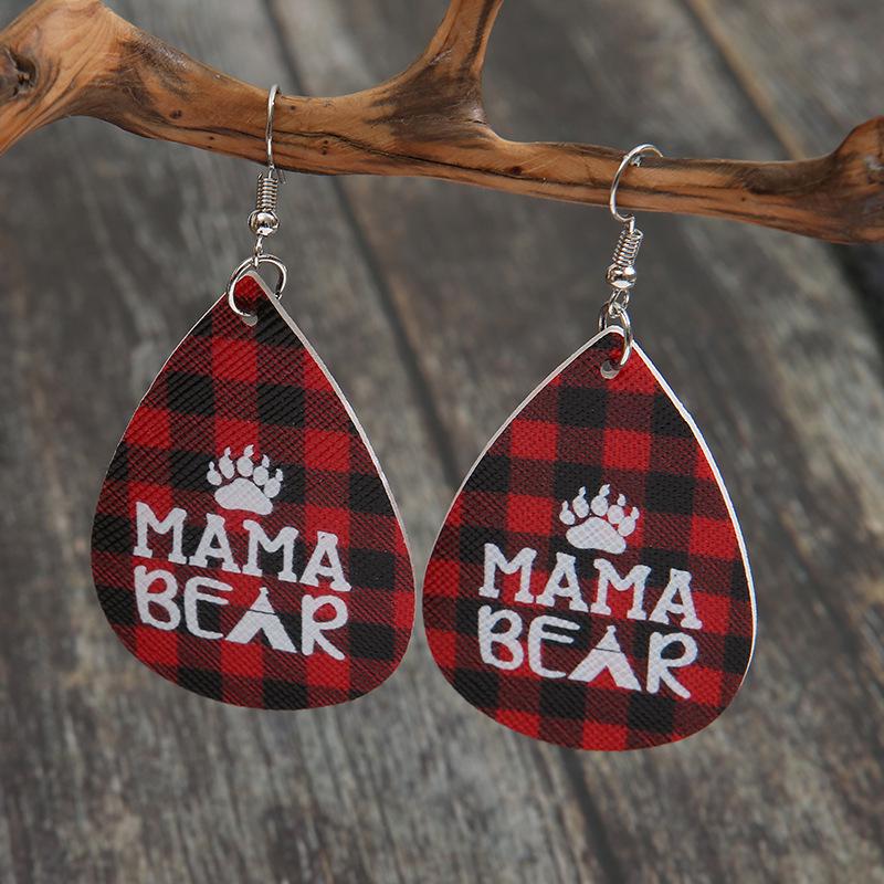 Mamabear Christmas Earrings: Red Plaid PU Leather, Bear Paw Design