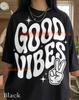 Good Vibes Peace Sign Cartoon Glove Comfort Colors® Tshirt, Retro Typography 70s Style Hippie Positive Quotes Graphic Art Sparkles Tee