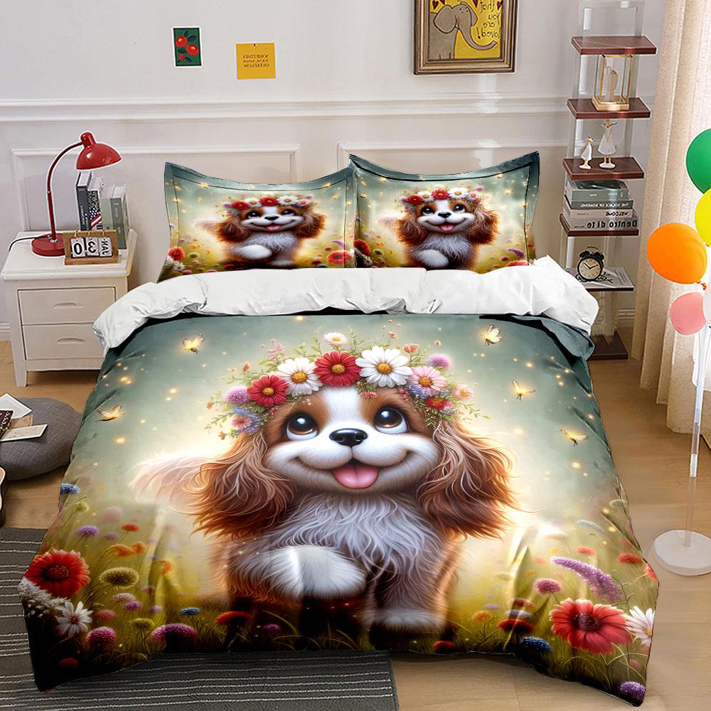 Floral Puppy In Magical Meadow Bedding Duvet Cover Set (1*Duvet Cover 2*Pillowcases, Without Duvet Insert)