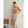 Qooth  Floral Trumpet Skirt Mid length Satin Casual Elastic Waist Printed Maxi Skirt QT1855