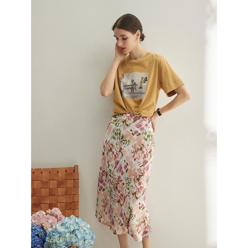 Qooth  Floral Trumpet Skirt Mid length Satin Casual Elastic Waist Printed Maxi Skirt QT1855