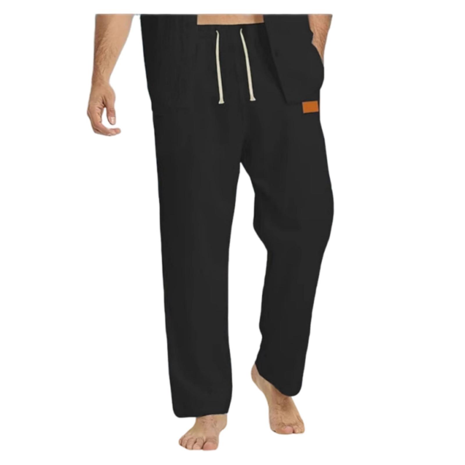 Men s Linen-Cotton Drawstring Beach Pants, Straight Leg Loose Fit Casual Trousers L