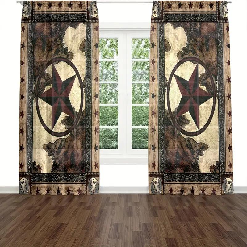 2PCS Retro Star Wen Printed Curtains, Polyester Material Design with Rod Bags, Bedroom, Home Decoration