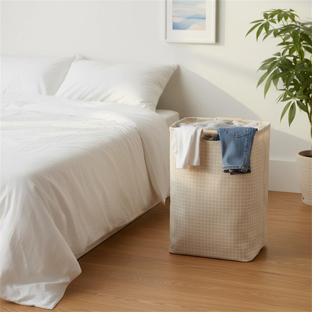 Foldable Cotton Linen Laundry Basket with Wooden Handles Waterproof Lining for Home Bedroom Bathroom Storage