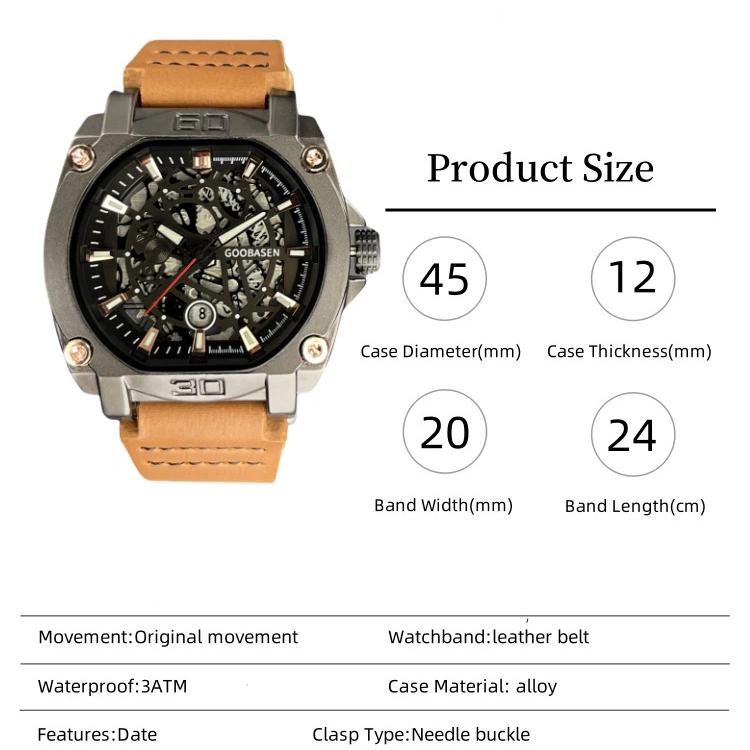 Fashion Sports Luminous Shaped Watch For Men Quartz Wristwatches Waterproof Skeleton Dial Leather Watches