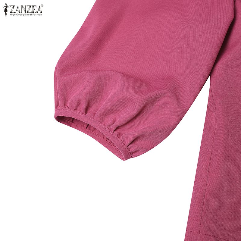 ZANZEA Women Casual Doll Collar Solid Color 3/4 Sleeve Loose Blouse