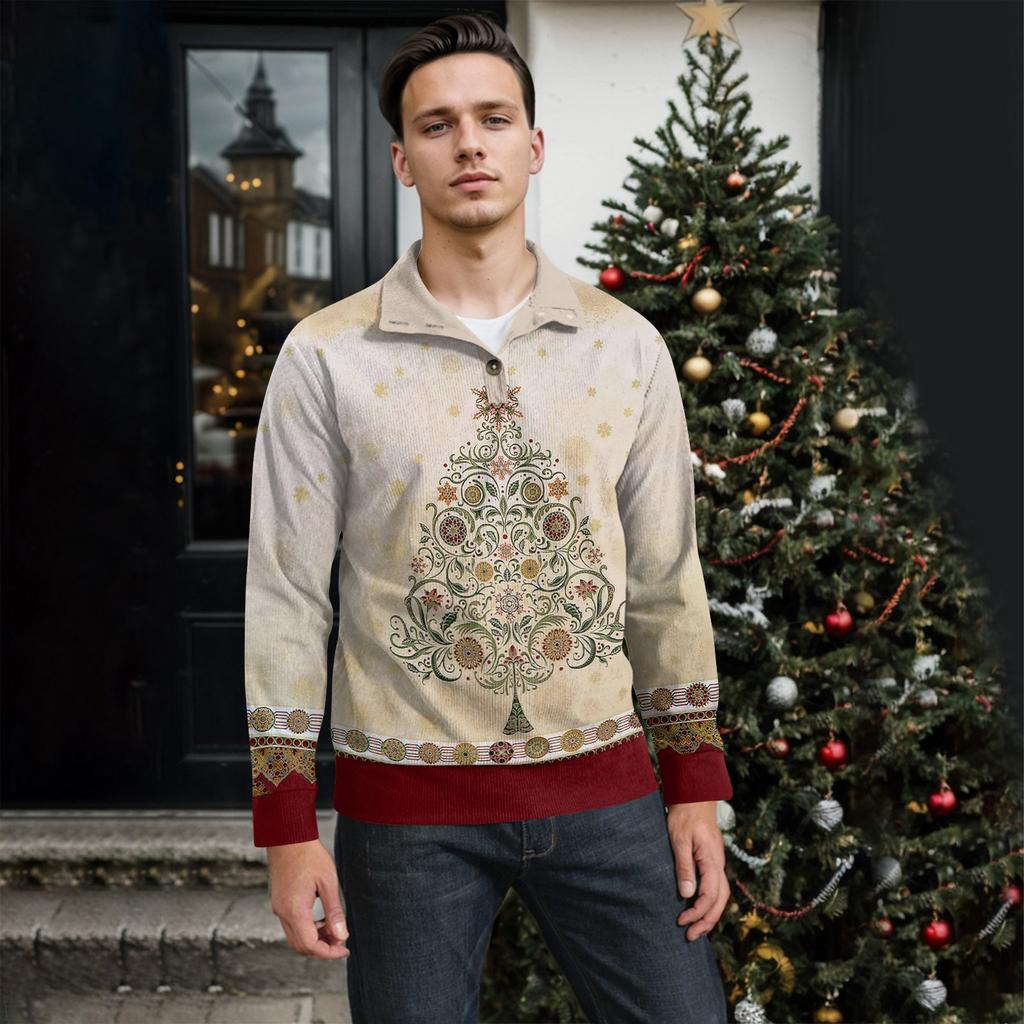 Men's Christmas Cotton Pullover Long Sleeve Outdoor Shirt Vintage Corduroy Button Stand Collar Shirt Casual Sweatshirt Christmas Print Top