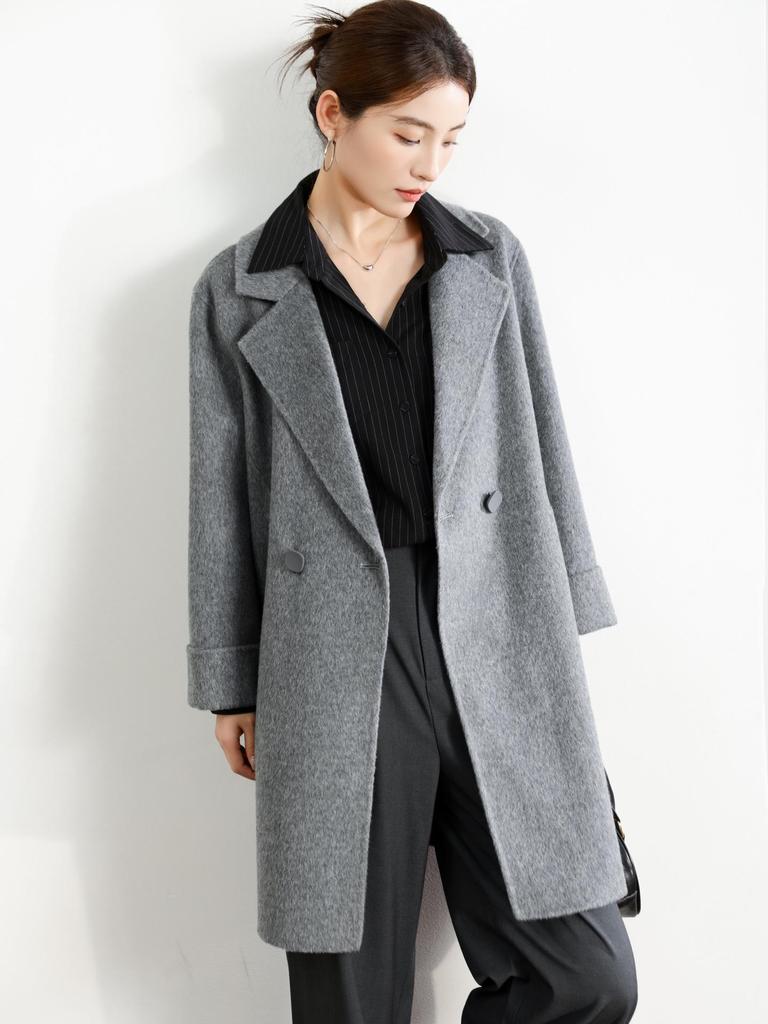 Women's Mid-Length Black Double-Faced Cashmere Wool Coat - 2025 Autumn/Winter Collection