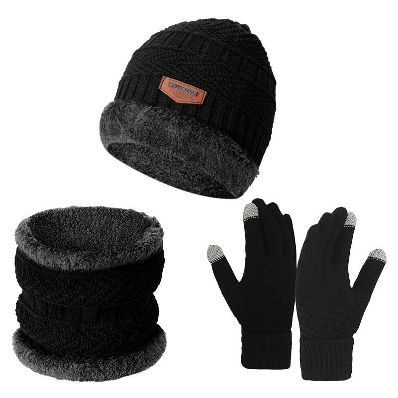 Winter Cycling Warm Set 3 Pieces Anti-Slip Touchscreen Fleece Lined Hat Scarf Gloves Unisex Black