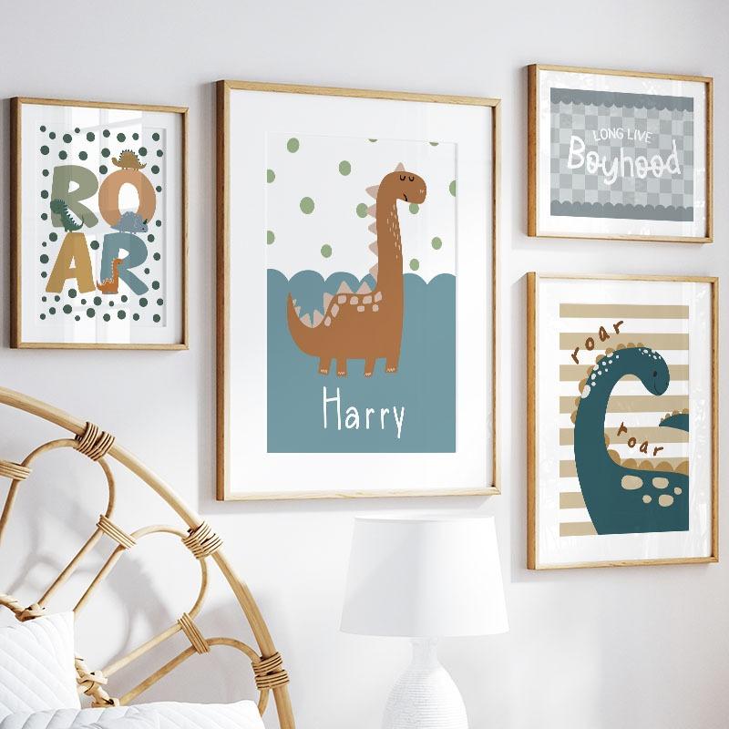 Cartoon Dinosaur Custom Baby Name Wall Art Canvas Painting Nordic Dino Posters And Prints Wall Pictures Children Kids Room Decor