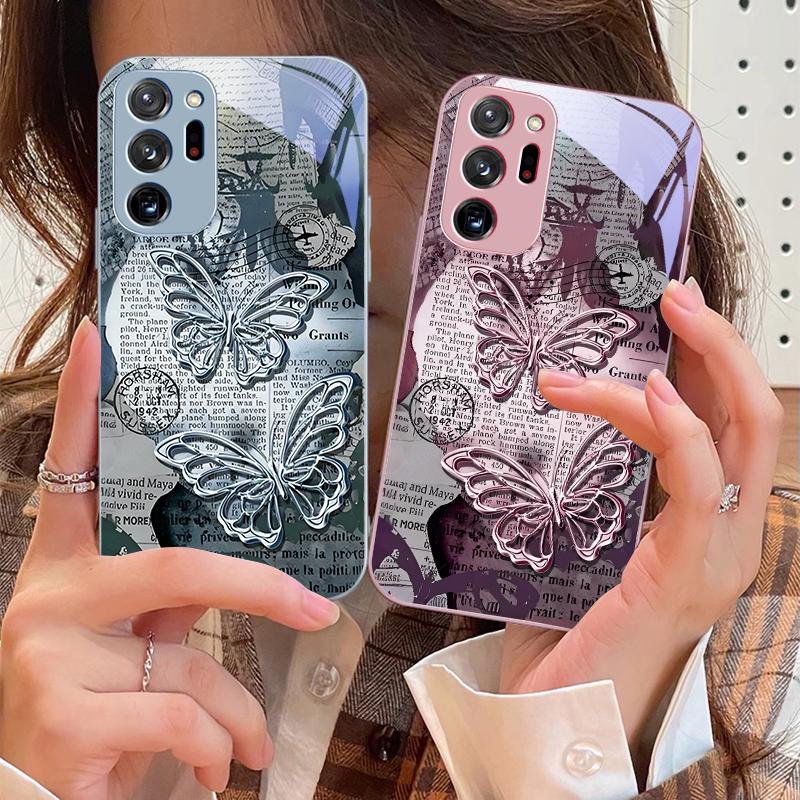 Vintage Schmetterling für Samsung Galaxy Note 8 9 10 PRO 20 Ultra A01 02 03 Core 04E 4G 12 13 5G Gehärtetes Glas Handyhülle