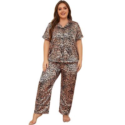 Costumes de nuit pour femmes imitation soie grande taille manches courtes hauts boutonnés et pantalons longs pyjama léopard tacheté été automne vêtements de salon de nuit à la maison