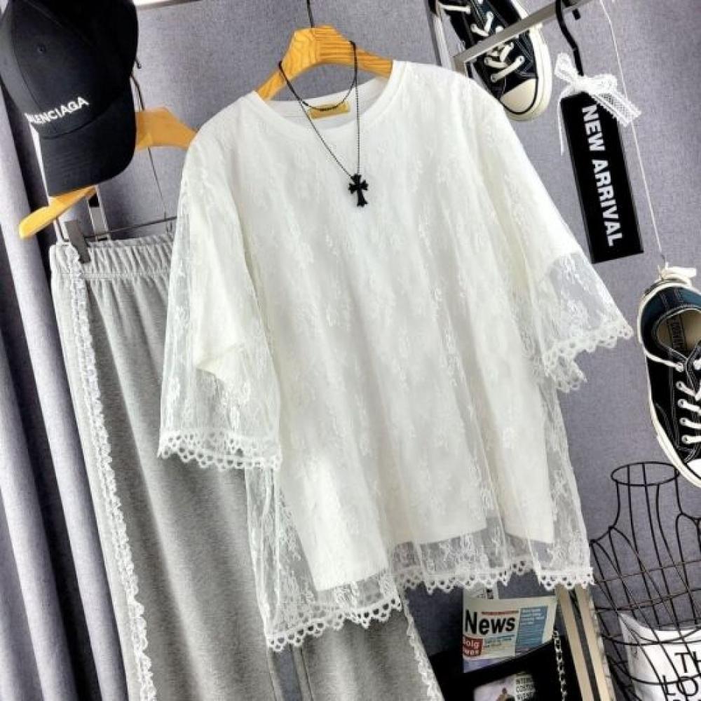 C S In The Room Double Layered NeT PaTTern Long Sleeve Round neCk T ShirT 2Color