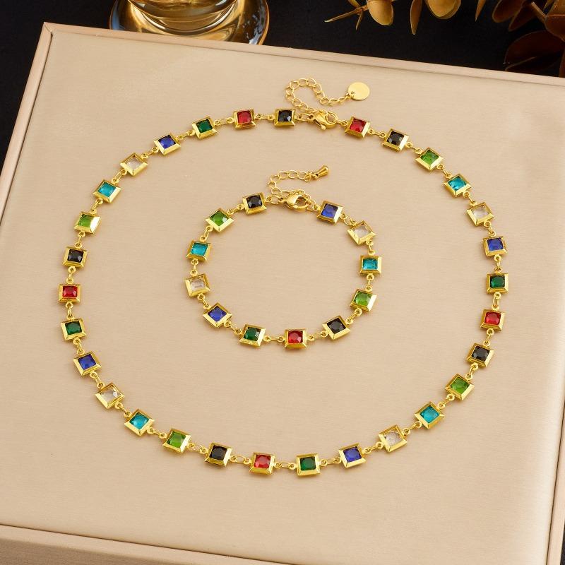 Gold Plated Multicolor Square CZ Jewelry Set, Stainless Steel Rainbow Gem Necklace Bracelet Set, Waterproof Boho Jewelry for Women Gift